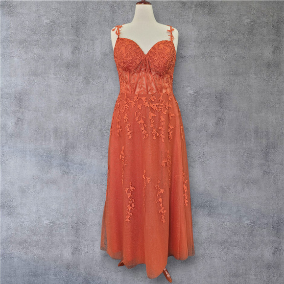 NWT Vine Dress with Semi-Sheer Bodice Corset Back Tulle Skirt Burnt Orange - Picture 1 of 14
